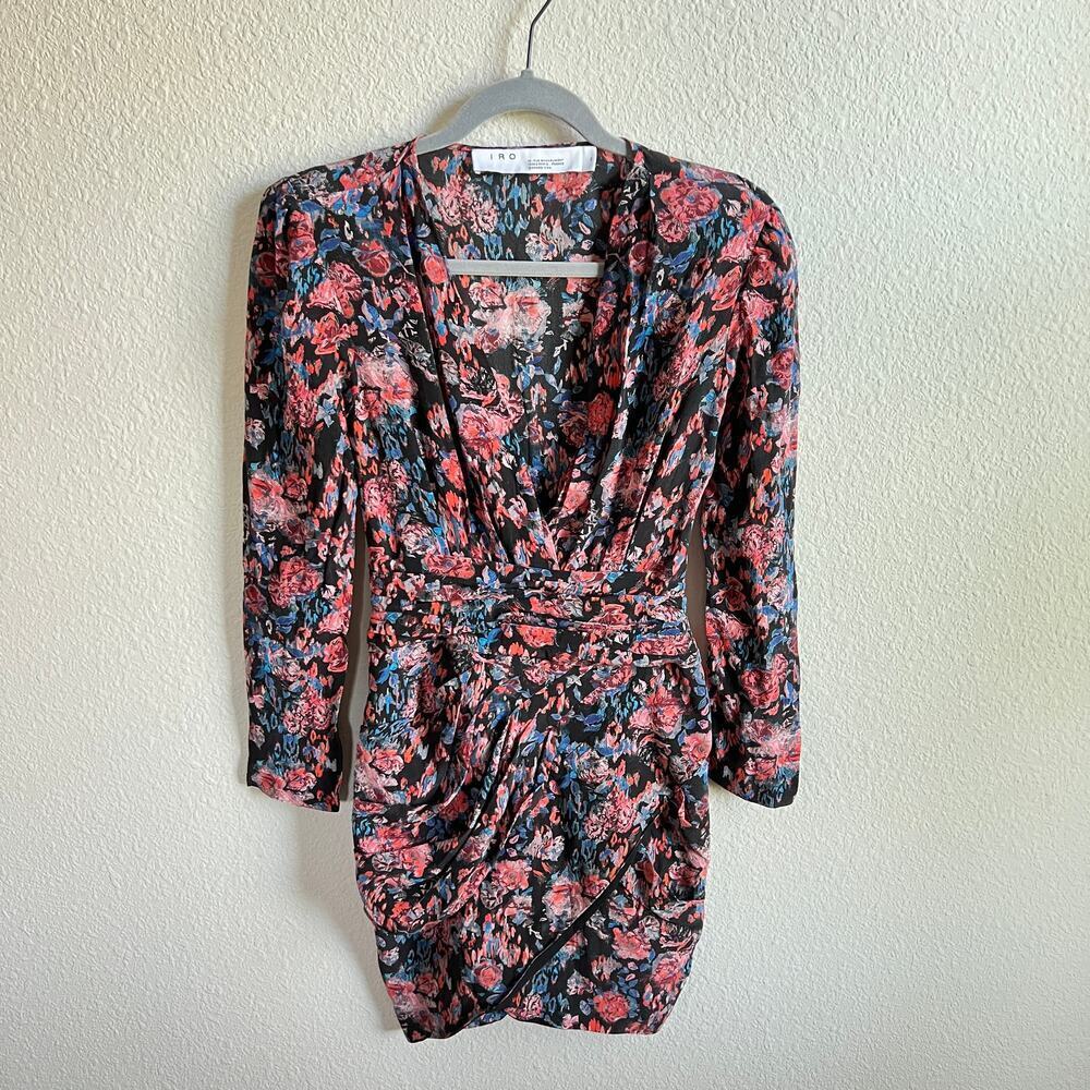 IRO Floral Fling Silk Sheath Mini Dress Women's 34 US 2 Long Sleeve Faux Wrap